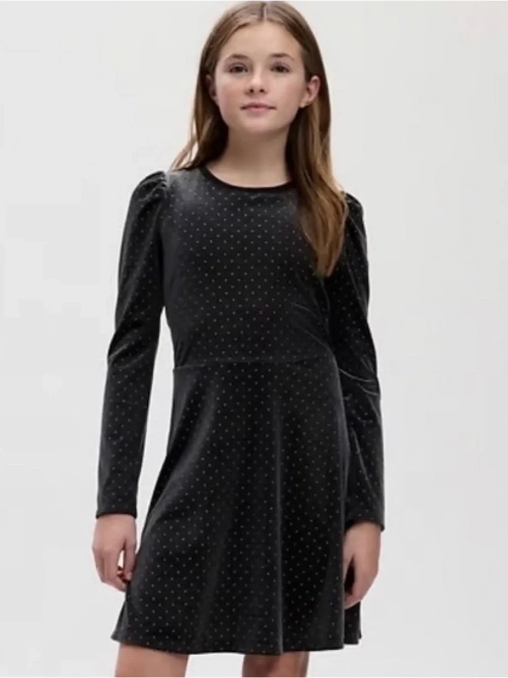 🩶 NWT! Gap Kids Dark Gray Velvet Studded Long Sleeve Skater Dress